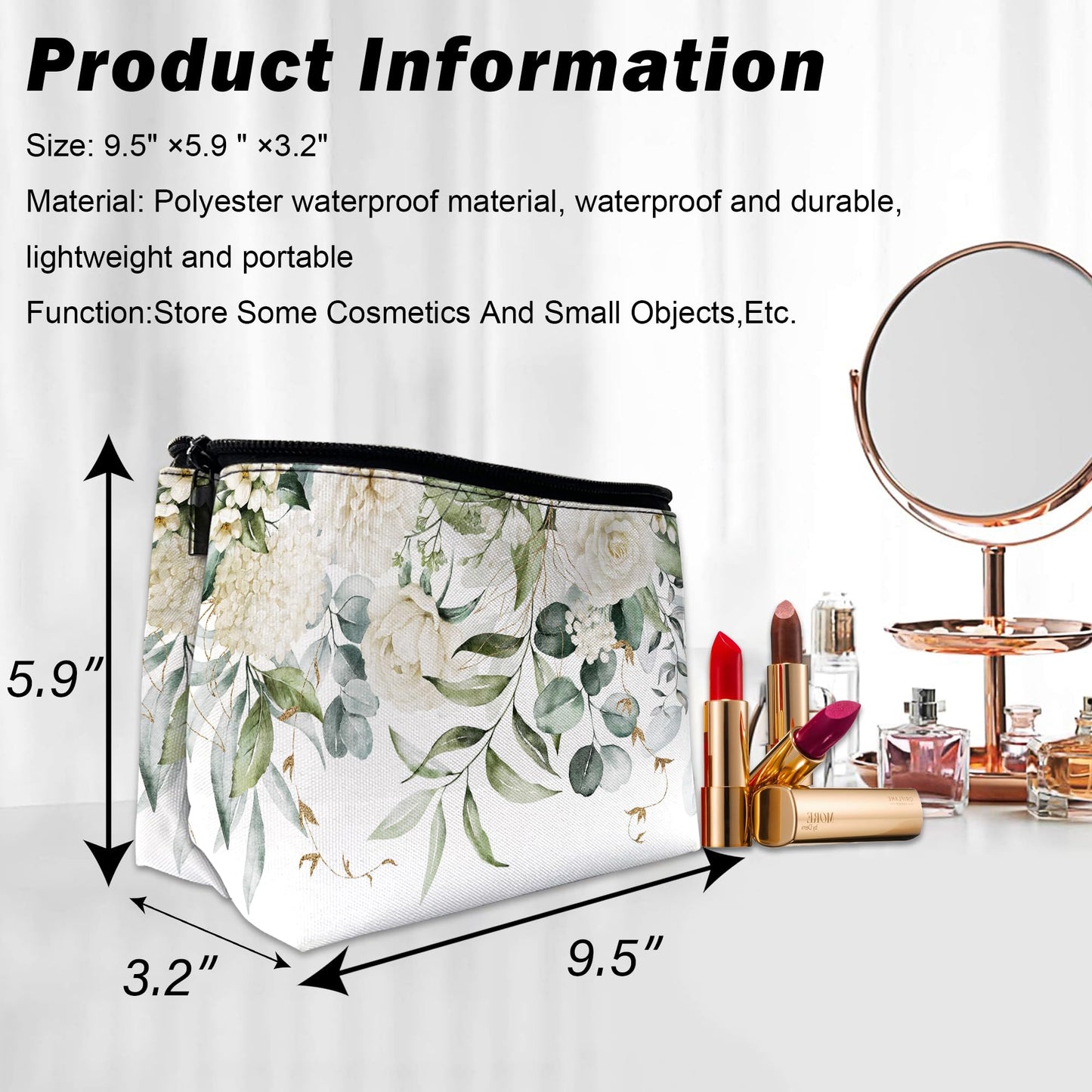 DEMACYA White Flowers Green Leaves Makeup Bag for Purse, Waterproof Funny Cosmetic Bag for Women, Zipper Travel Toiletry Pouch Gift 9.5×5.9 Inch