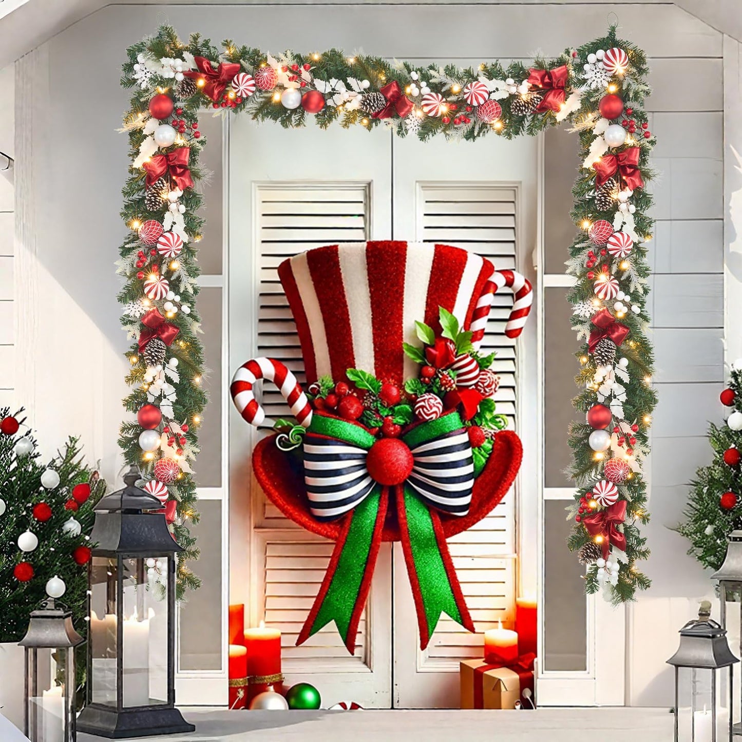 prelit 6ft Christmas Garland with 25 LED Lights with Timer, prelit red White Garland with Plenty Hand-Painted Ornaments,Festive Lighted Winter Decor for Front Door, Mantel, Stair & Fireplace