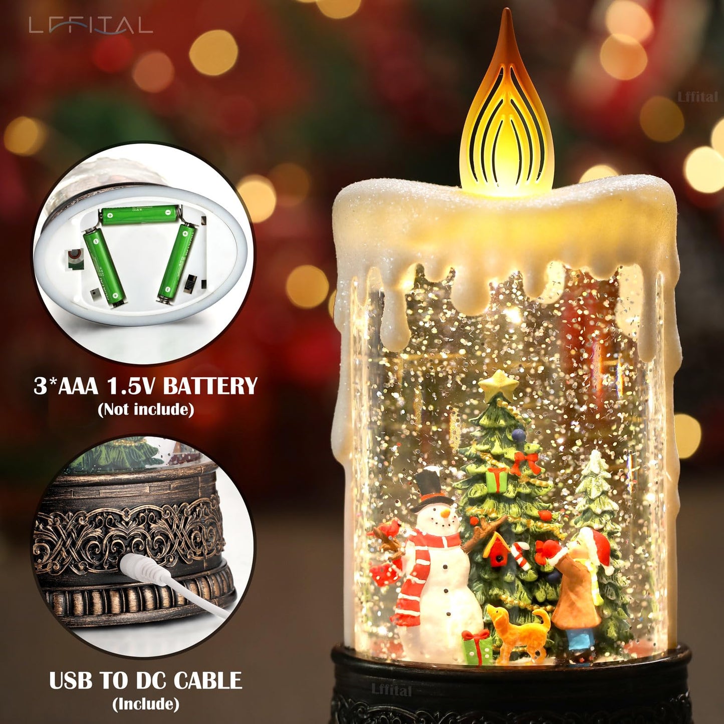 Lffital Snowman Christmas Snow Globe Lantern, Lighted Christmas Decorations for Home Candle Shaped Snow Lantern with Music Timer Glittering, Home Decor Festival Gife, USB & Battery Operated