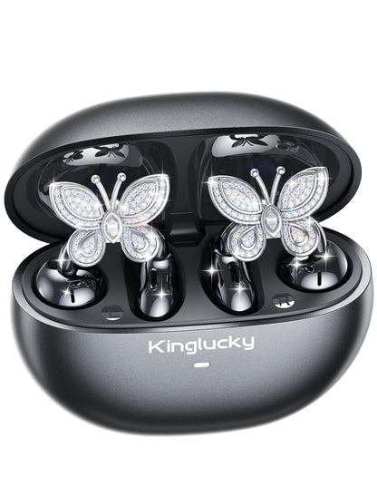 Kinglucky Jewelry-Inspired Clip-On Earbuds with Butterfly Earrings, Comfortable Fit & 50H Playtime Open Ear Bluetooth 5.4 Wireless Headphones for Women, Small Ears, Sports & Workouts (Black)