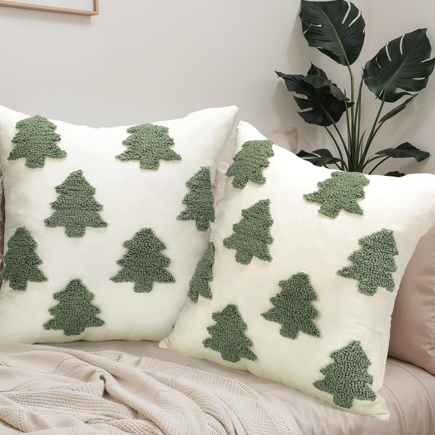 Mixweer 2 Pcs Christmas Pillow Covers 18x18 Inch Neutral Christmas Tree Embroidery Throw Pillow Covers Decorative Throw Cushion Case for Xmas Winter Holiday Decoration (White)