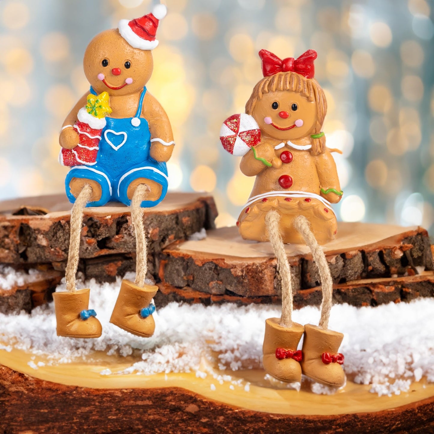 Dazzle Bright Christmas Figurines, Set of 2 Resin Gingerbread Man Sitters with Dangling Legs, Xmas Table Fireplace Shelf Sitters Decorations Sitting Figurines Ornament for Indoor Home Decor