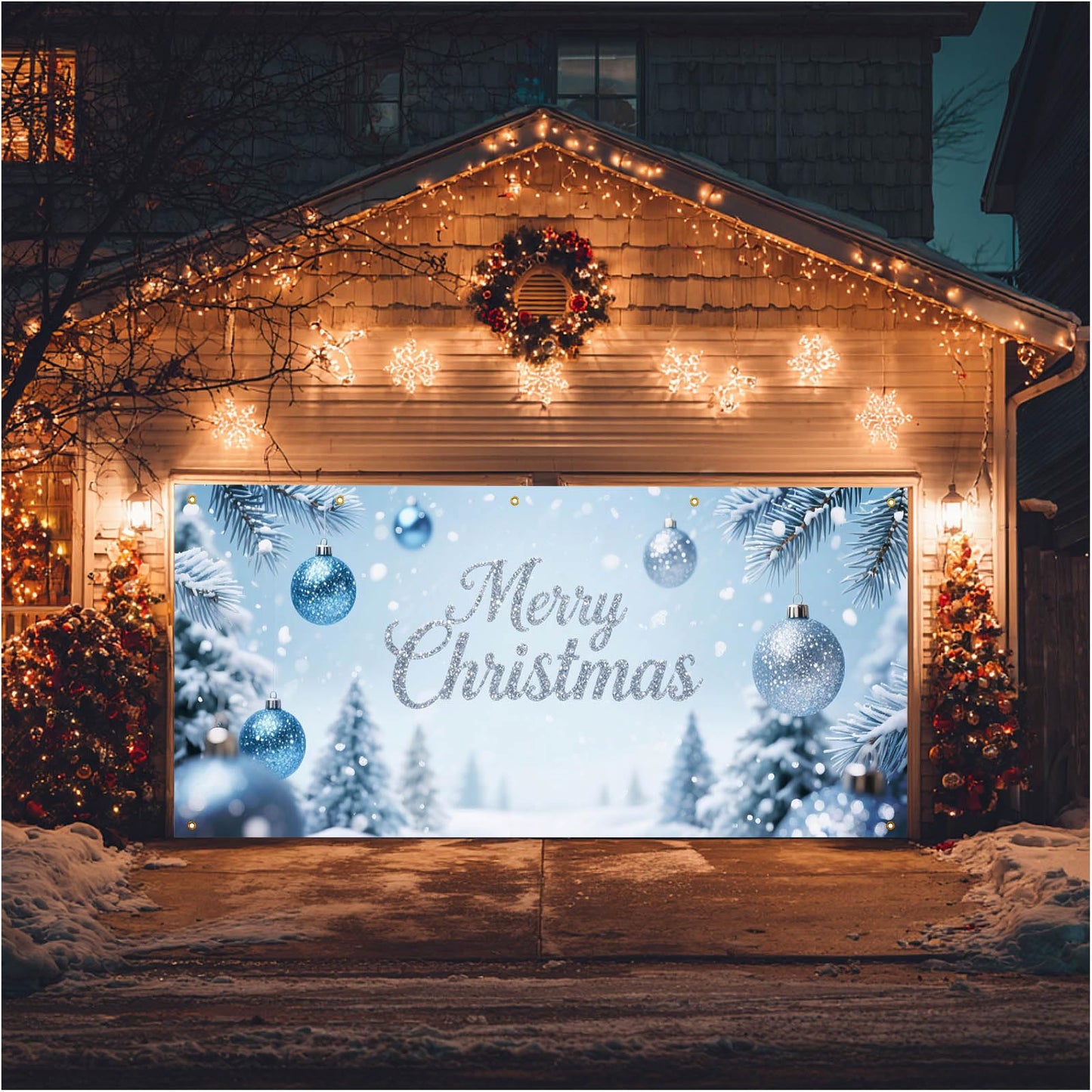 HOMETITUTE Merry Christmas Garage Door Banner 13x6ft Ornaments Snow Trees Theme Backdrop Outdoor Garage Door Cover Winter Scene Display Holiday Yard Decorations for Party Garage Wall Covering