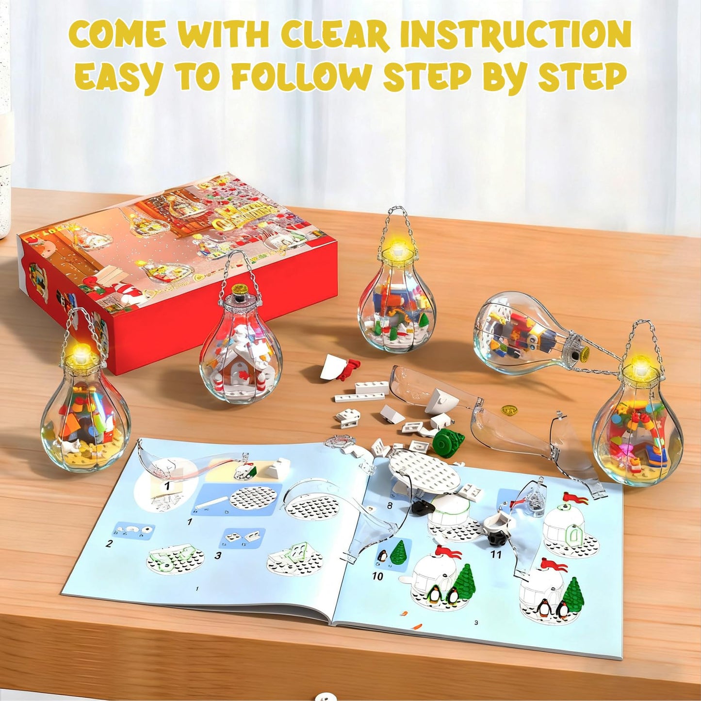 6 Pack Christmas Tree Bulb Ornament with Light Building Set, Including Gingerbread House, Penguin House, Christmas House, Fireplace, Nutcracker, Reindeer, Stocking Stuffer Toy Gifts for Kids.(405PCS)