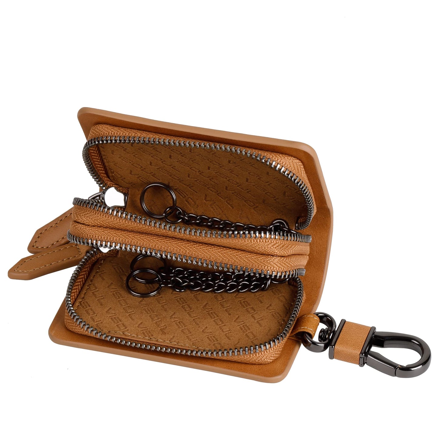 VISOUL Car Key Case Holder Double Zipper, Leather Car Smart Key Fob Case with Keychain for Men and Women-Tan