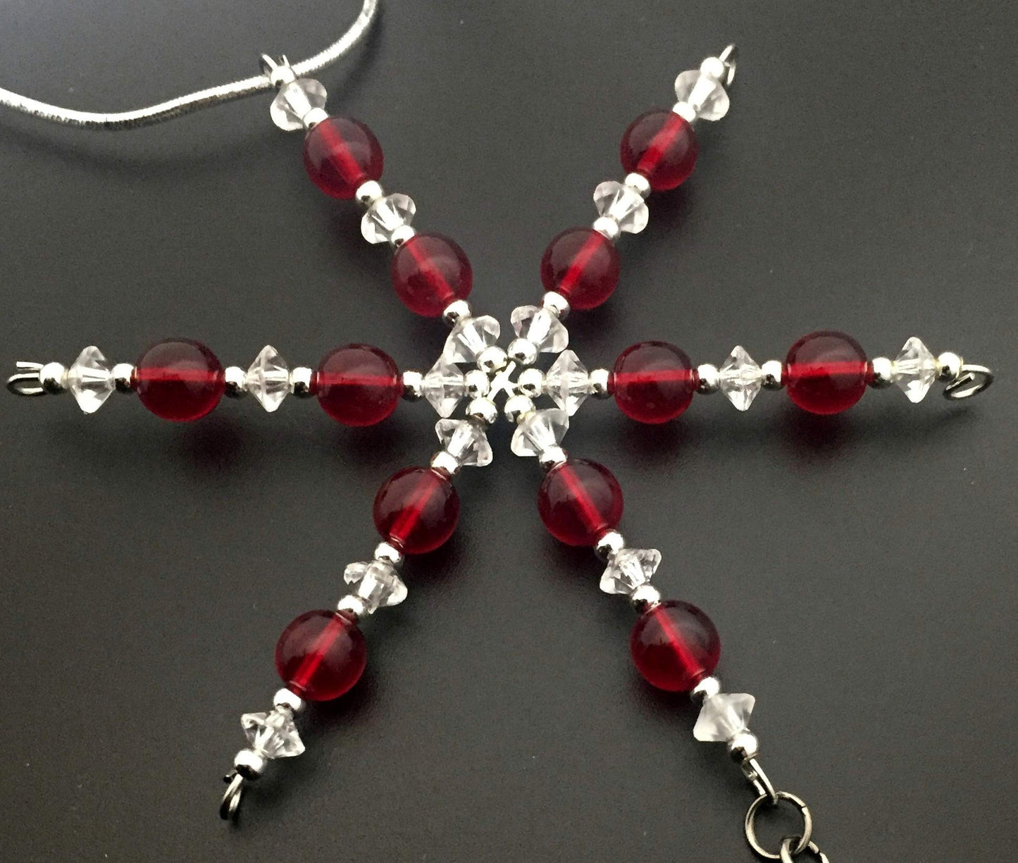 XC Ornament - Beaded Snowflake XC Cross Country Christmas Ornament/Gift Tag with Round Pewter XC Charm with Jewelry Box - Handmade with Red Vintage Beads
