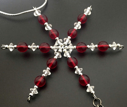 XC Ornament - Beaded Snowflake XC Cross Country Christmas Ornament/Gift Tag with Round Pewter XC Charm with Jewelry Box - Handmade with Red Vintage Beads