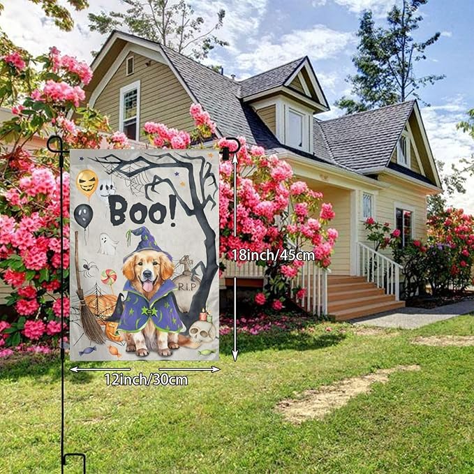 Golden Retriever Dog Halloween Boo Pumpkin Garden Flag Welcome Party Outdoor Outside Decorations Picks Home House Garden Yard Decor 12x18 Inch