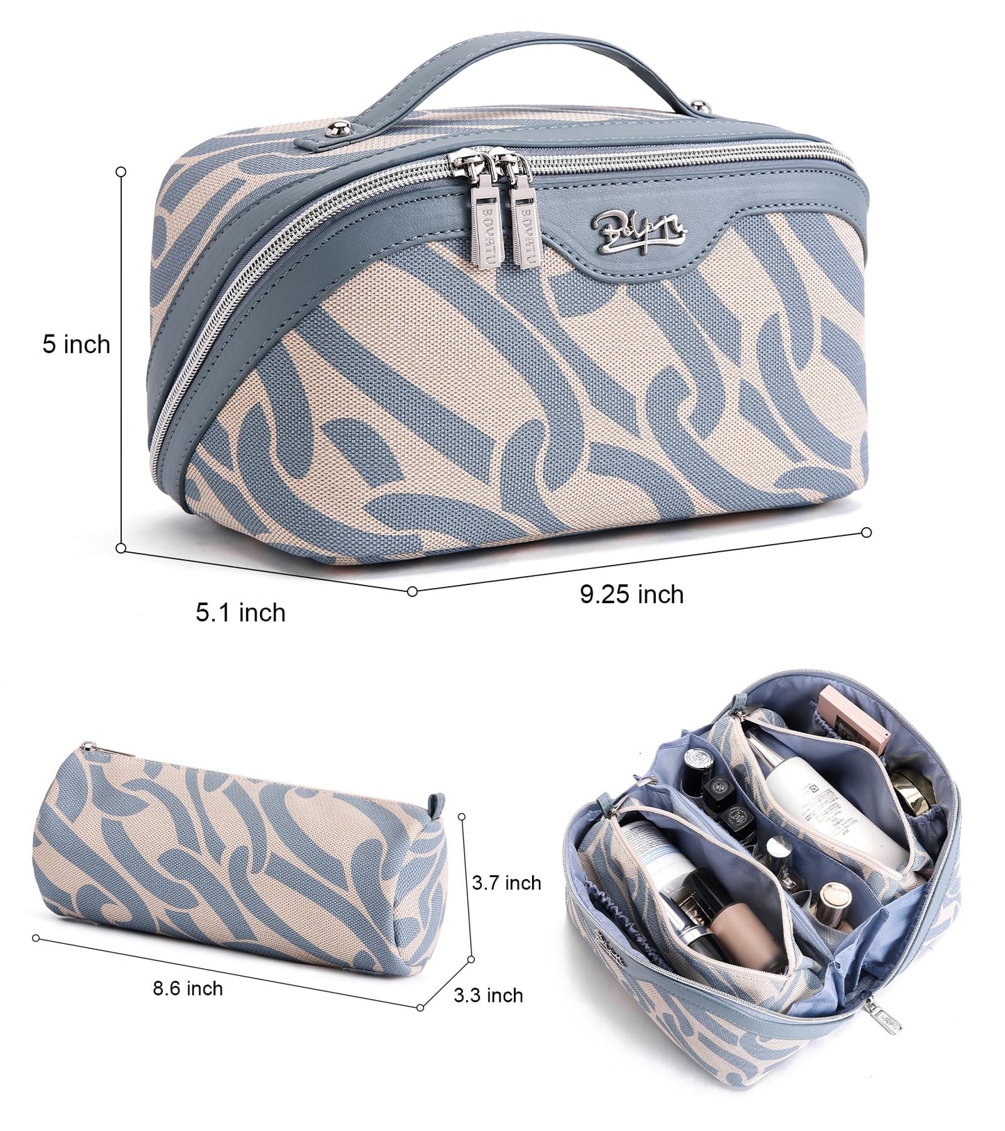BOYATU Travel Makeup Bag for Women: Large Capacity 3-Piece Cosmetic & Toiletry Organizer - Expands Storage by 50% with 2 Detachable Pouches,Opens Flat for Easy Packing,Waterproof PU Leather(Blue)
