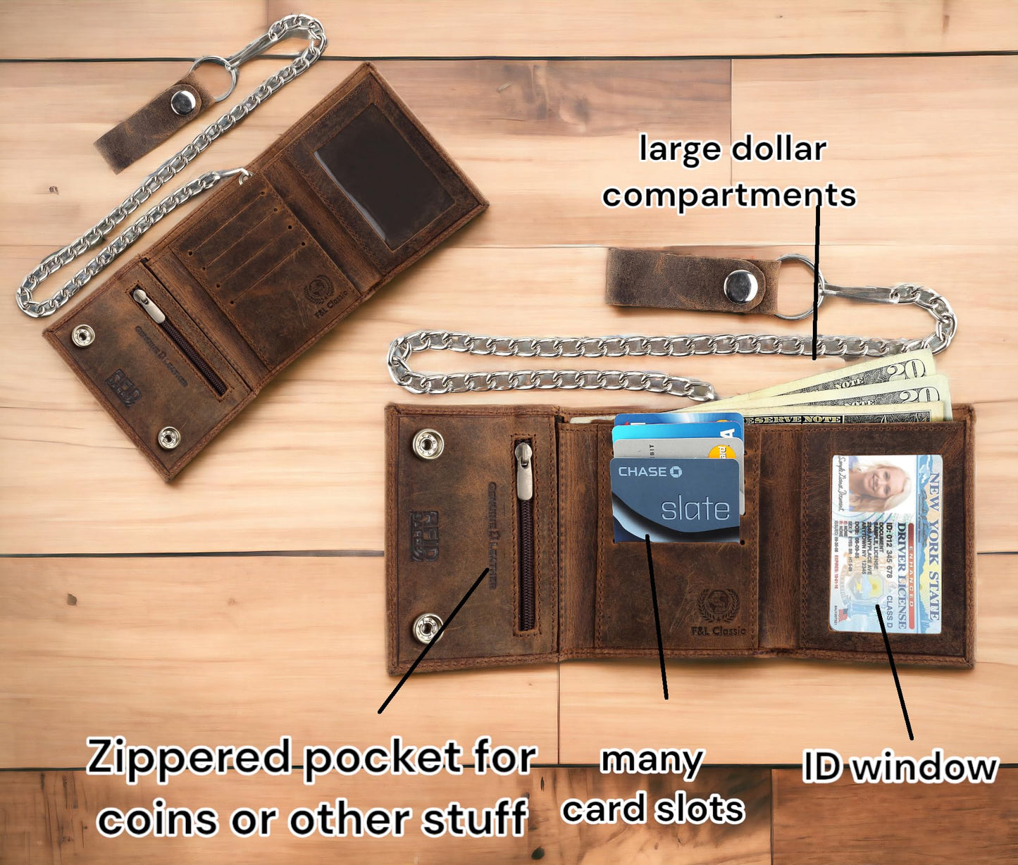 F&L CLASSIC RFID Blocking Men's Tri-fold Vintage Biker Cowhide Leather Steel Chain Wallet,Snap closure, USA,Vintage buffalo brown,315