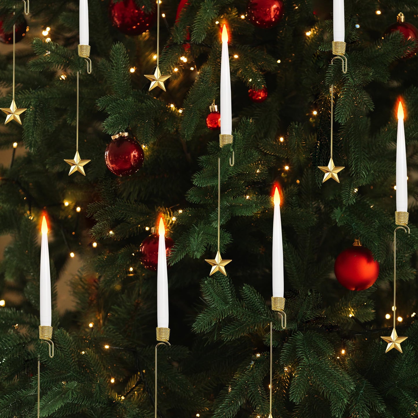 Christmas Tree Candles, 10 Pack Flameless Taper Candles for Christmas Tree Decor, Fake LED Candle Battery Operated with Remote for Xmas Wedding Home Gift with Gold Star Hook
