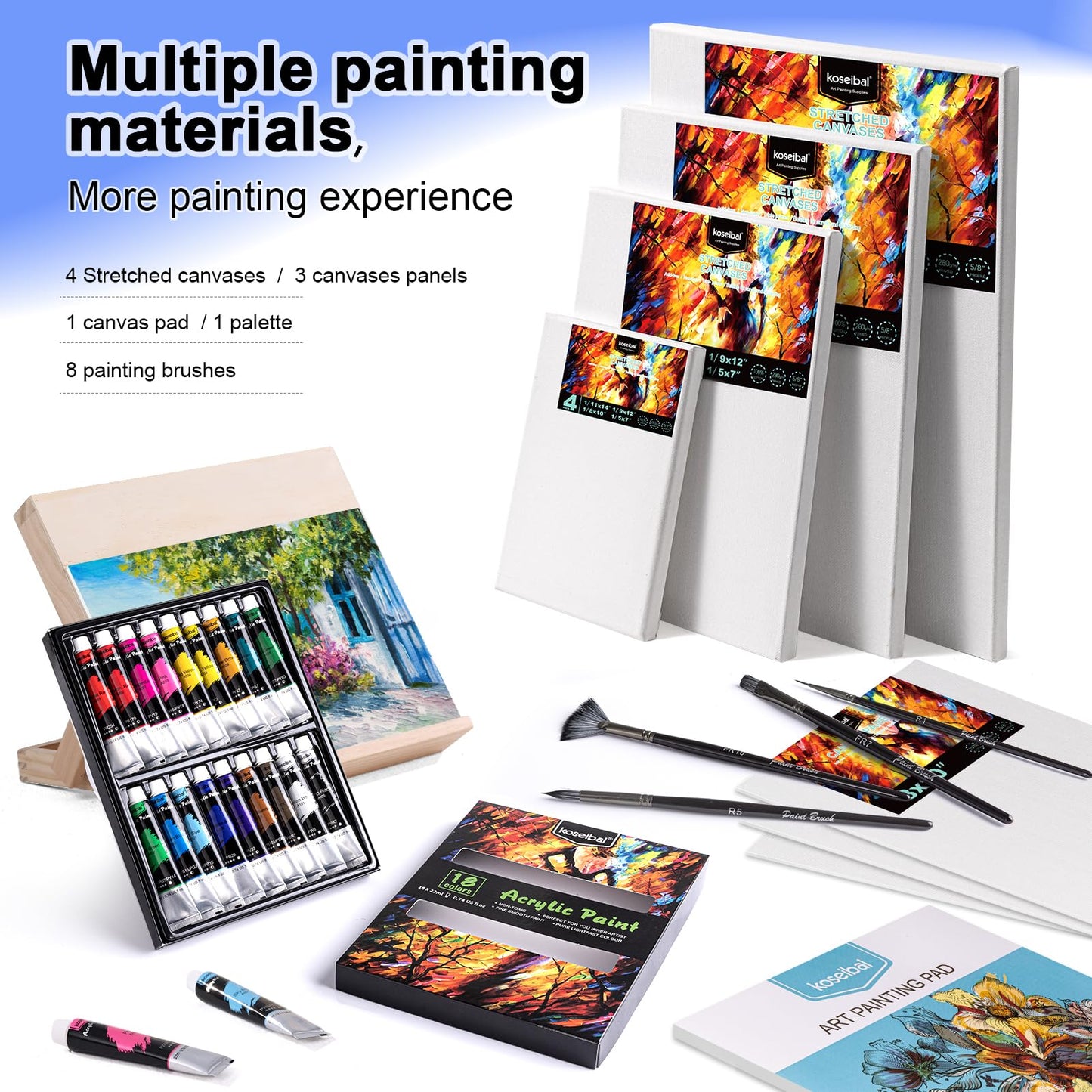 koseibal Acrylic Art Set with 18 Acrylic Paints, 8 Brushes, 4 Stretched Canvas, 1Wooden Easel, Etc, Premium Painting Supplies Kit for Students, Artists Kids, Adults, and Beginner