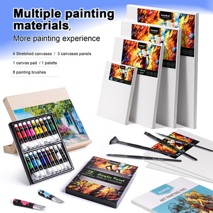 koseibal Acrylic Art Set with 18 Acrylic Paints, 8 Brushes, 4 Stretched Canvas, 1Wooden Easel, Etc, Premium Painting Supplies Kit for Students, Artists Kids, Adults, and Beginner