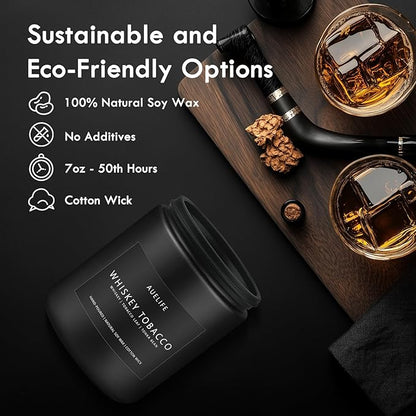 Whiskey Tobacco Candle | Masculine Candles for Men, Soy Candles for Home Scented, Manly Gifts Tobacco Candle for Home - Gifts for Men, 7oz Black Jar