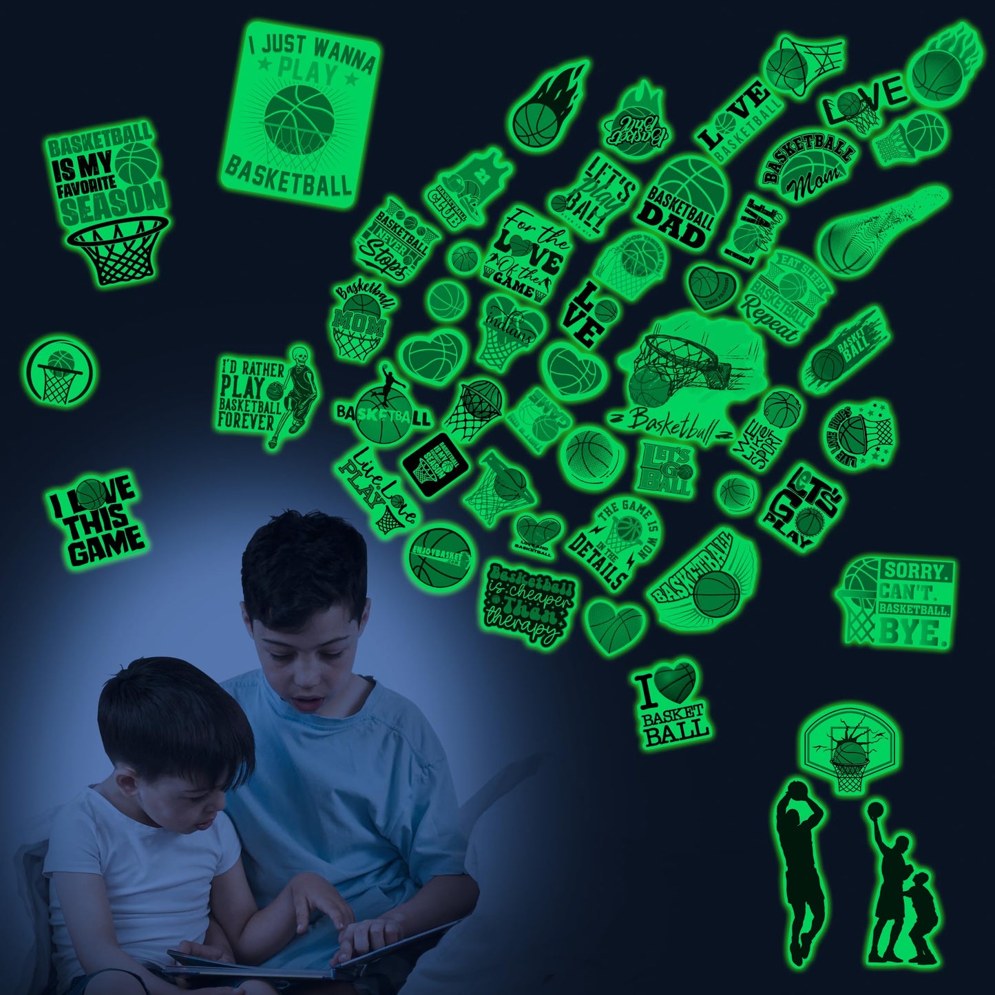Glow in The Dark Cool Basketballs Wall Decals, Love Sports Stickers for Baby Girls Boys Room, Luminous Ceiling Decor for Bedroom Playroom Nursery
