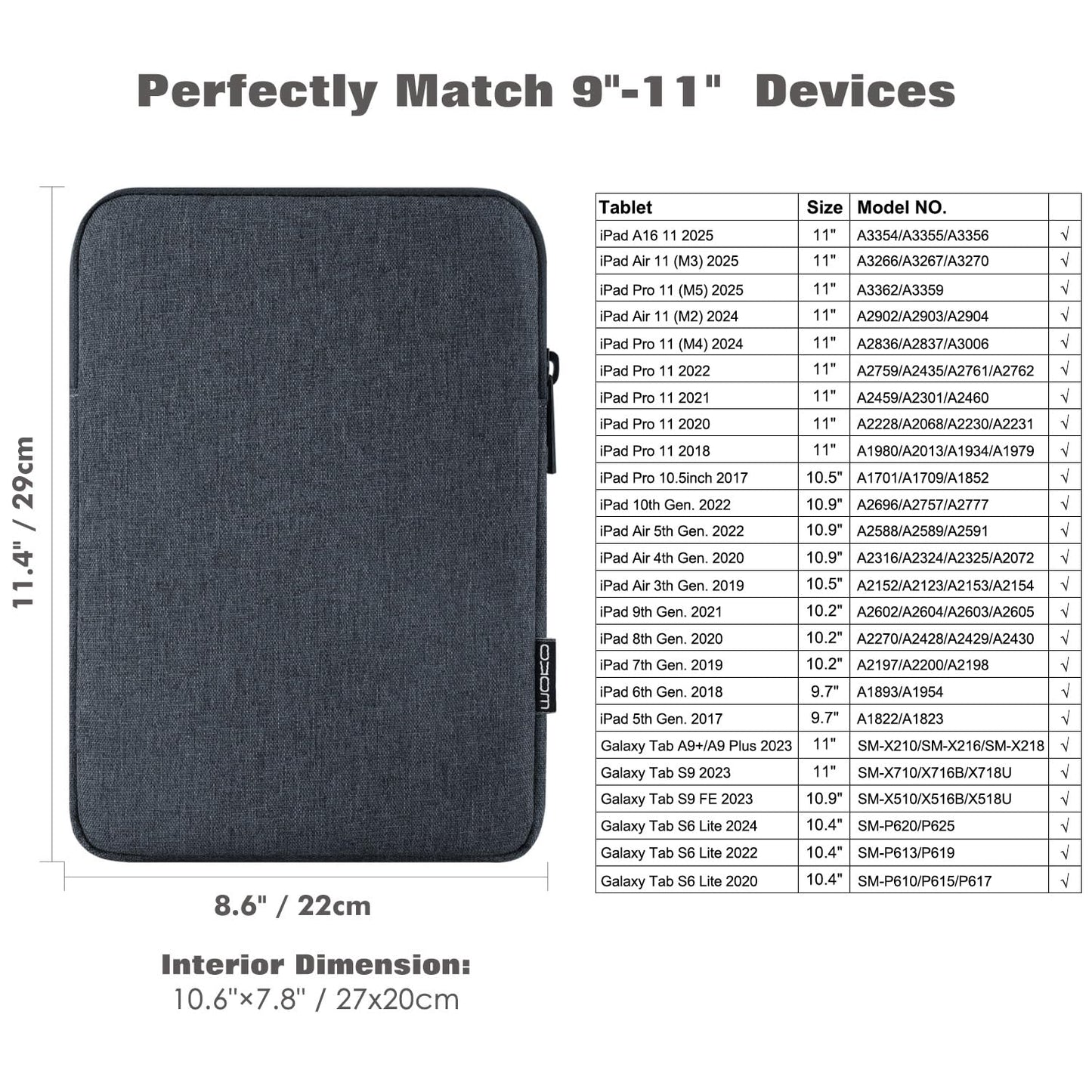 MoKo 9-11 Inch Tablet Sleeve Bag Carrying Case Fits New 11inch iPad Air M4, iPad A16 2025, iPad Pro 11 M4, Air 5/4/3, iPad 10/9/8th Gen, Tab S8/S9 11", Tablet Carrying Case, Space Gray