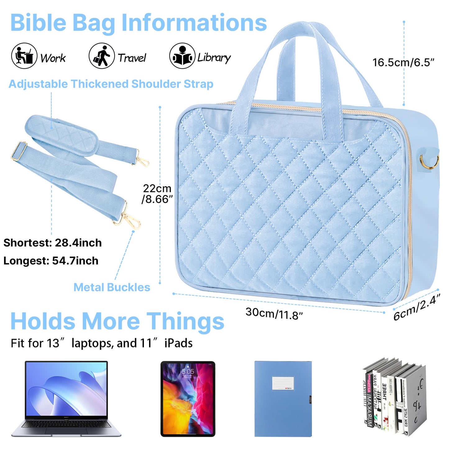 PUGPIU Bible Cover Case for Women, Large Quilted Bible Bag with Shoulder Strap and Handle, Bible Study Supplies Journaling Kit with Highlighters Pens No Bleed Tabs Notebook Cross Clips (Light Blue)