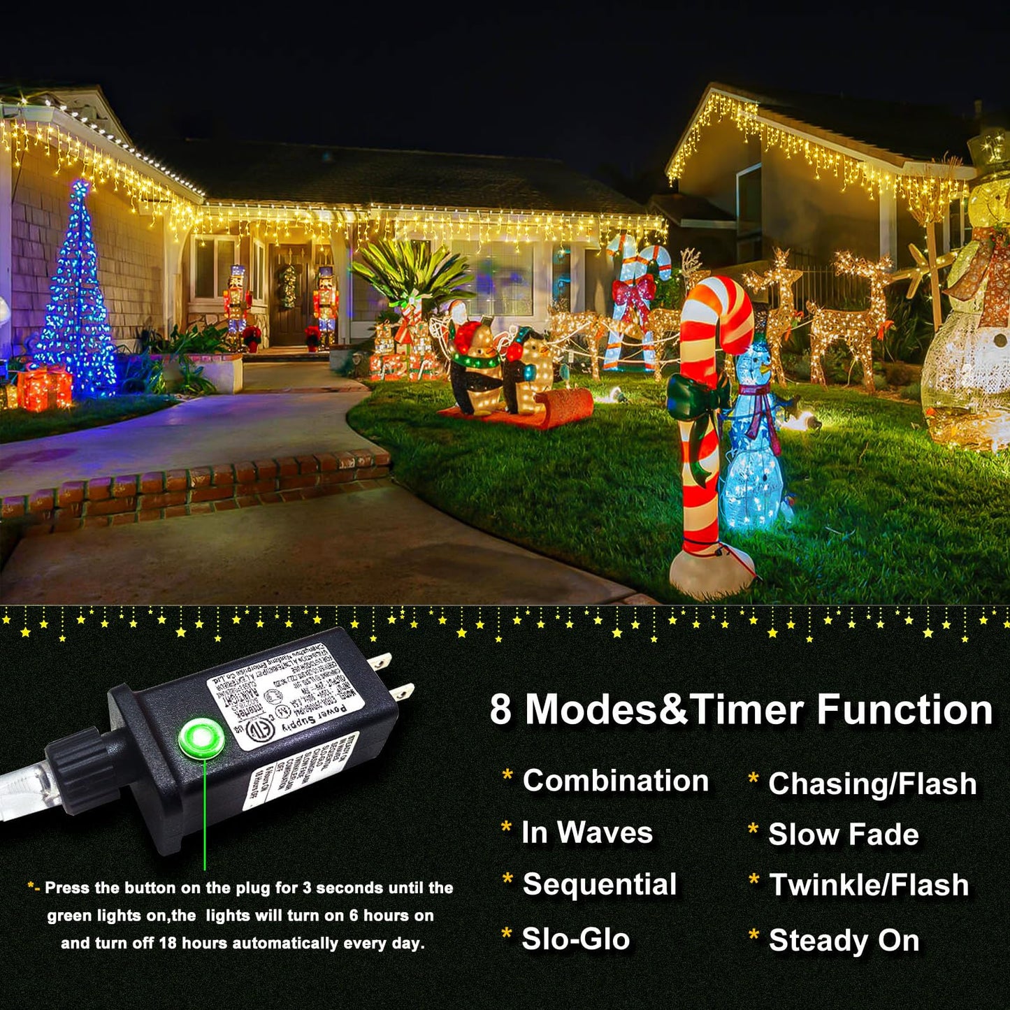 Einiiya Icicle Christmas Lights Outdoor, 66ft 640 LED Icicle Lights for Outside 8 Modes with 75 Drops, Plug in Christmas Light for House Indoor Holiday Wedding Christmas Decorations, Warm White