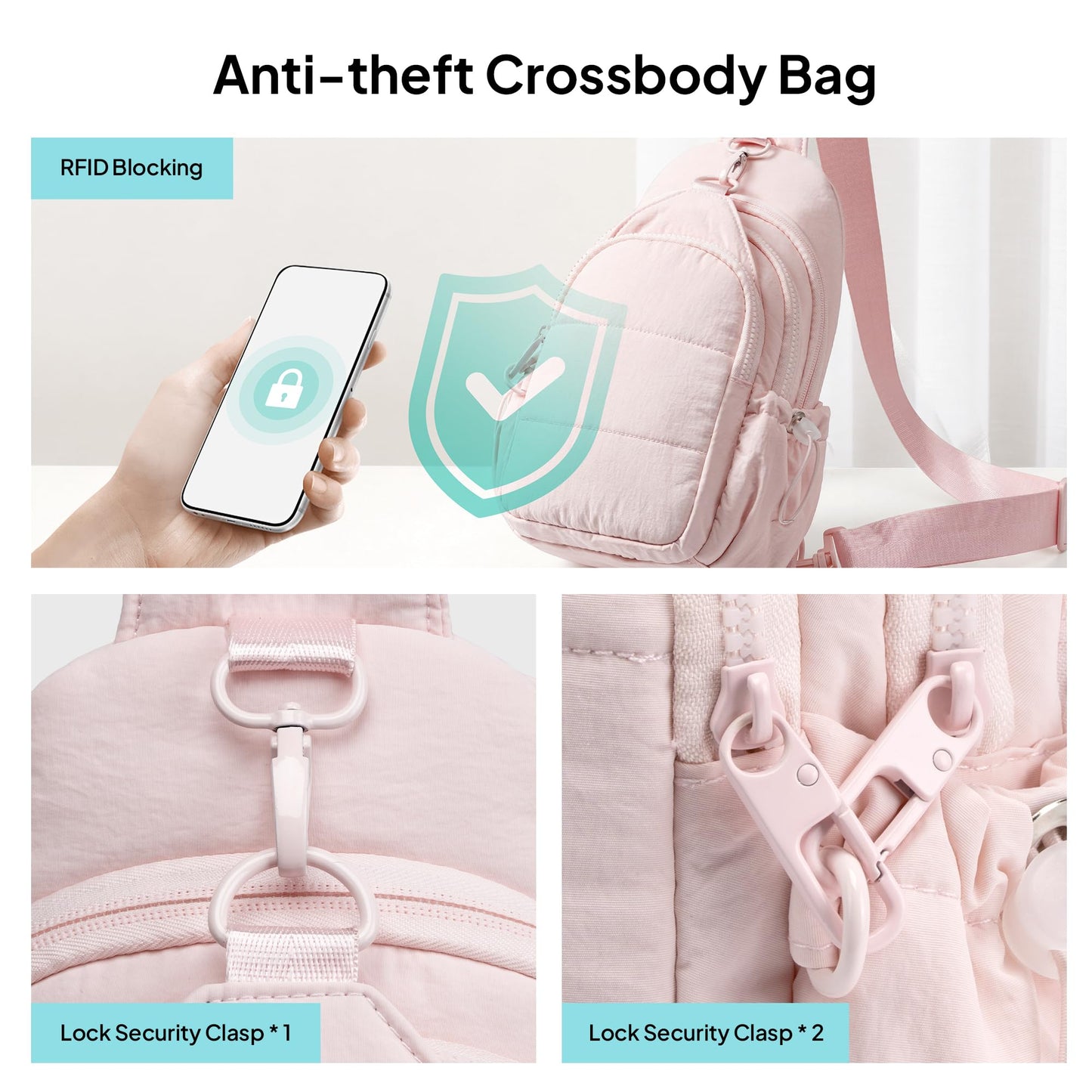 TOPEAST Anti-Theft Crossbody Bags for Women, Sling Bag with RFID Blocking & Water Bottle Holder for Travel, Lightweight Puffer Cross body Purse for Daily Hiking, Water-resistant, Pink