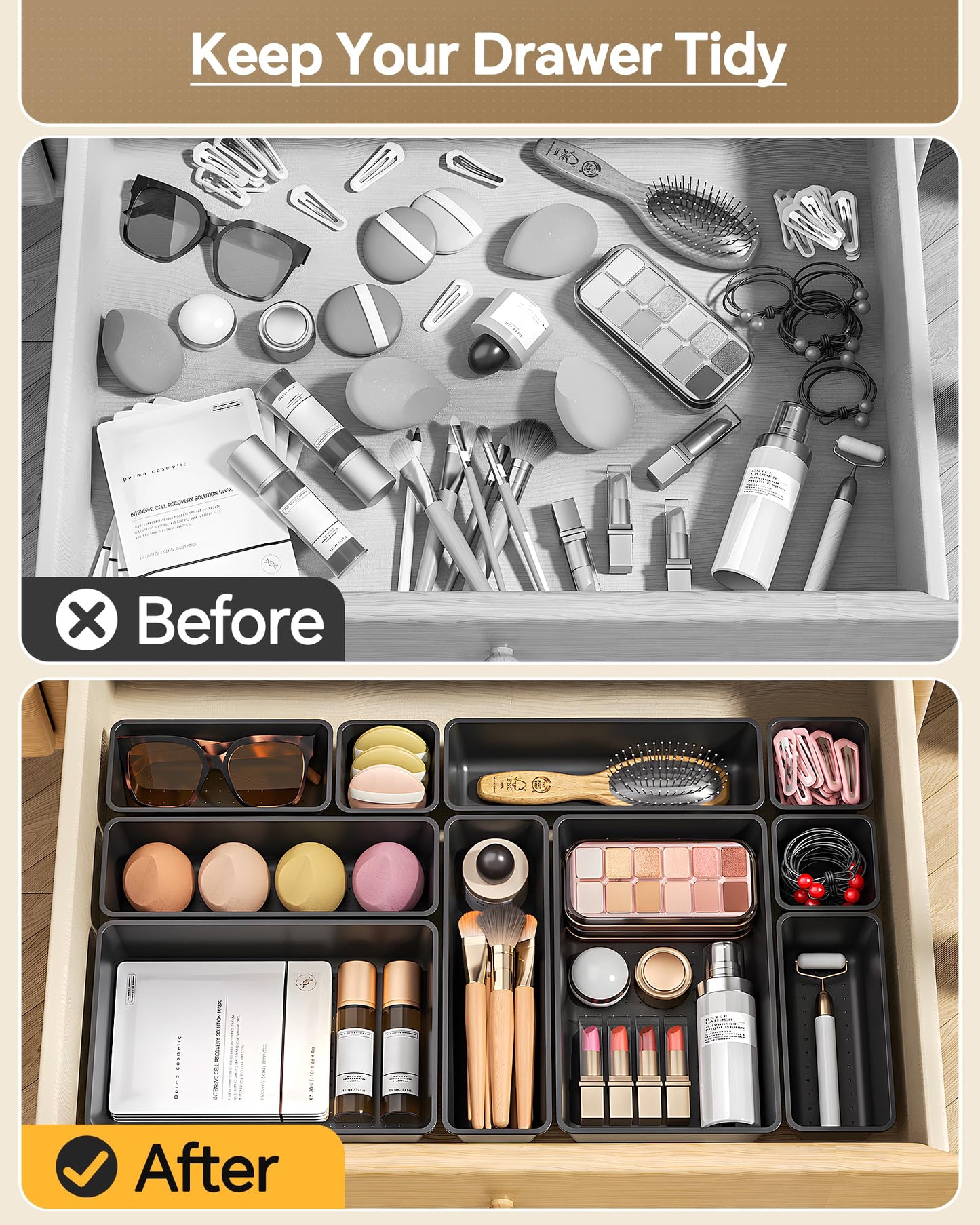 KEMETHY 25 PCS Plastic Drawer Organizers Set, 4 Sizes Vanity Organizer, Makeup and Desk Drawer Organizer Trays, Organization and Storage for Makeup, Bathroom, Kitchen Utensils and Office (Black)
