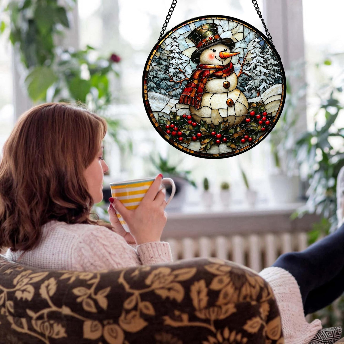JOSUMALY Stained Glass Window Hanging - Christmas Snowman Suncatcher for Door Terrace Garden Home Decor Winter Forest Snow Sun Catcher Birthday Gifts for Lovers Women Men Dad Mom Nana 15 in