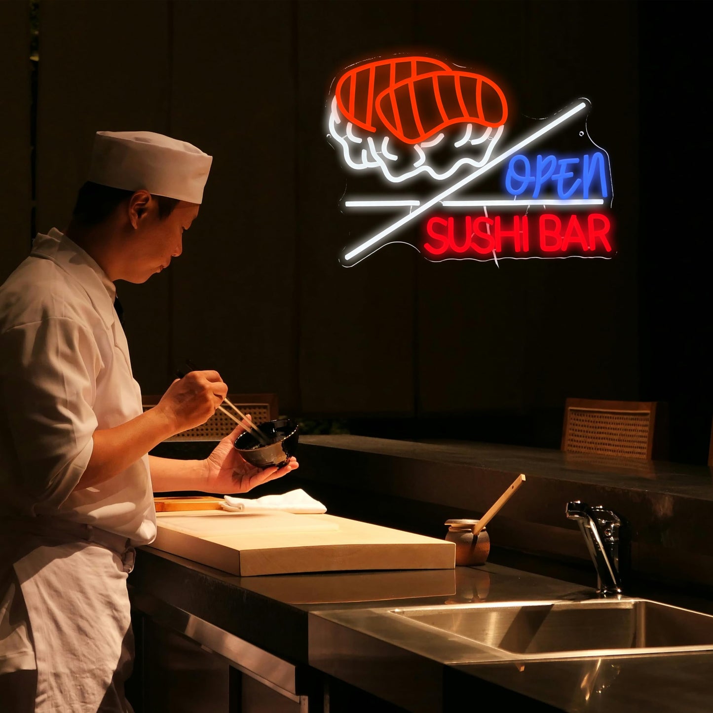 LISIGNVE Sushi Bar Open Neon Sign Led Open Sign for Wall Decor Sushi Bar Neon Light for Japanese Restaurant Shop Snack Food Street (16.5 * 12.6 Inch)