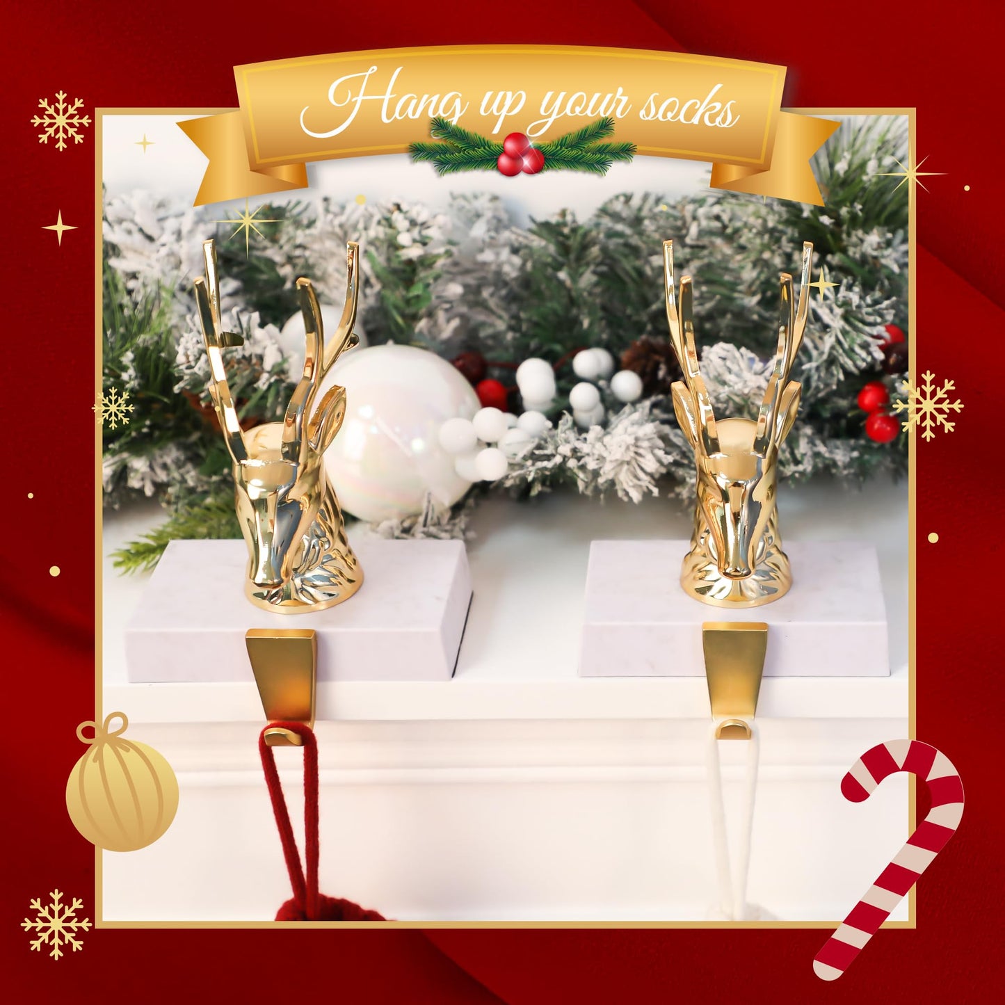 Komiikka Christmas Stocking Holders for Mantle Set of 2, Reindeer Metal Mantel Stockings Hangers Hooks for Xmas Shelf Fireplace Toppers Decorations (Chrome Gold)
