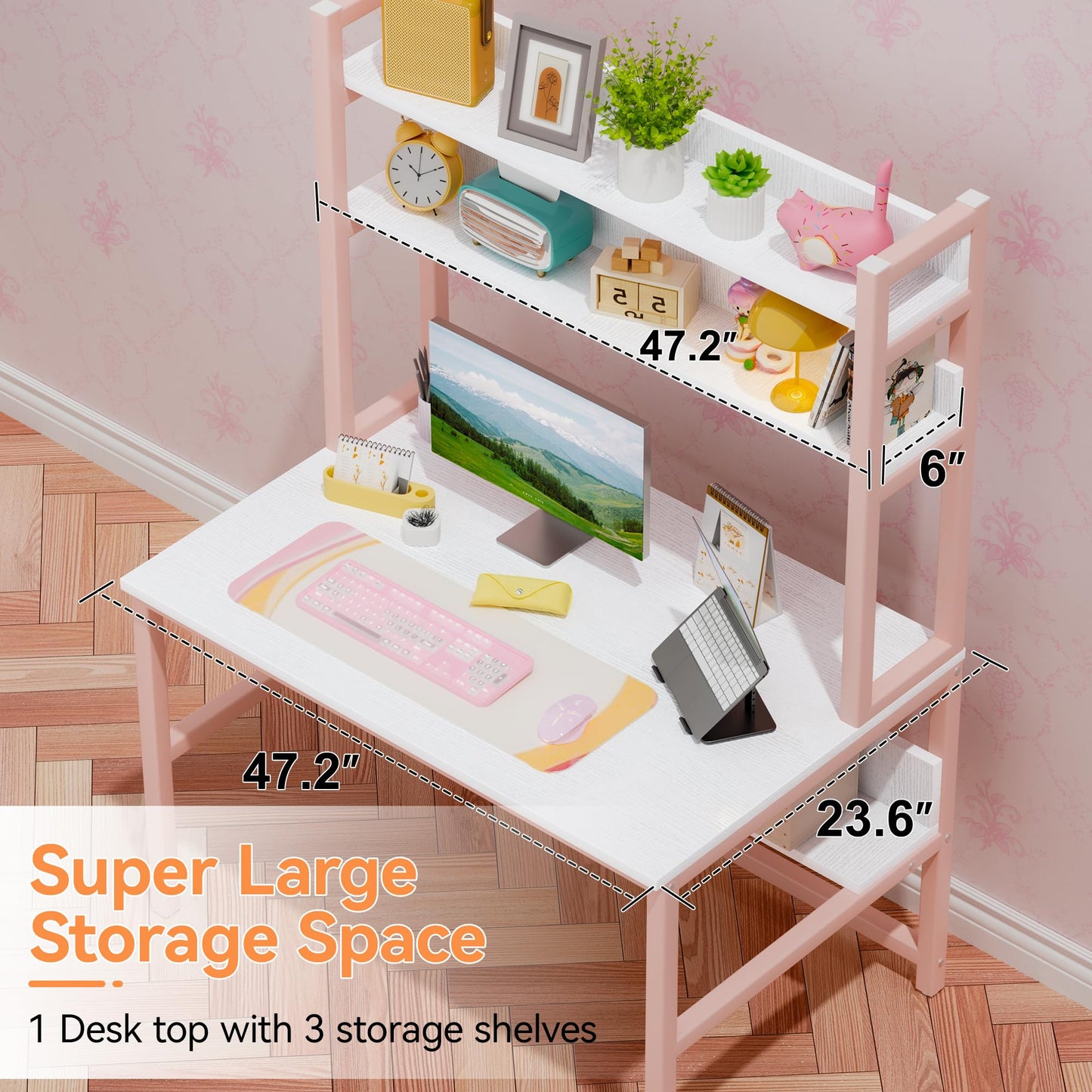 Aquzee Pink Desk Hutch, 47in Woman Computer Desk with Bookshelf & Storage Shelves, Space Saving Girls Writing Study Craft Table for Bedroom Kids Room, White Wood & Pink Iron Home Office Desks