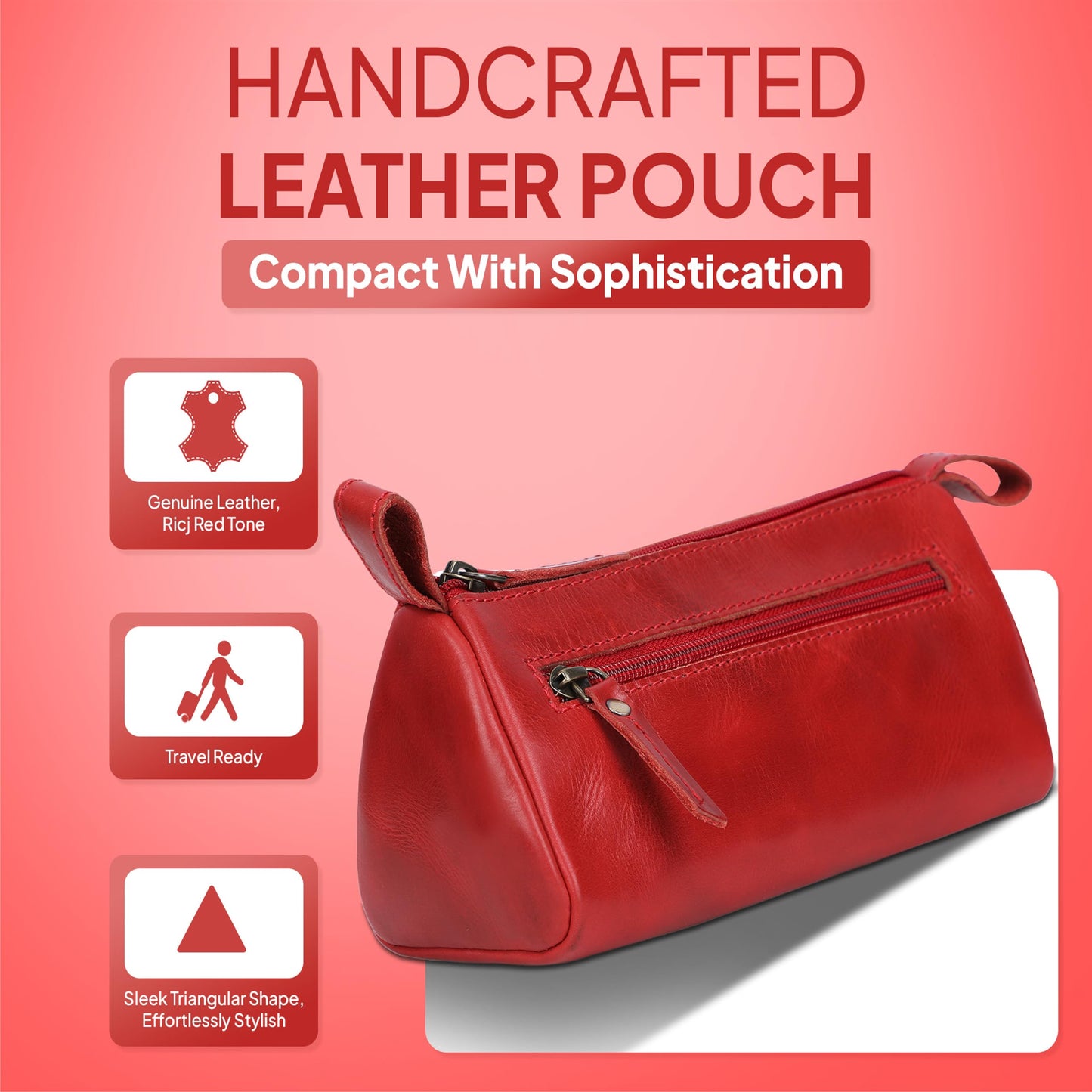 TheAntiq Leather Makeup Bag for Women – Genuine Leather Cosmetic Bag Travel, Handmade Zippered Makeup Pouch, Small Toiletry Bag, Shaving Kit & Stationery Organizer- Red