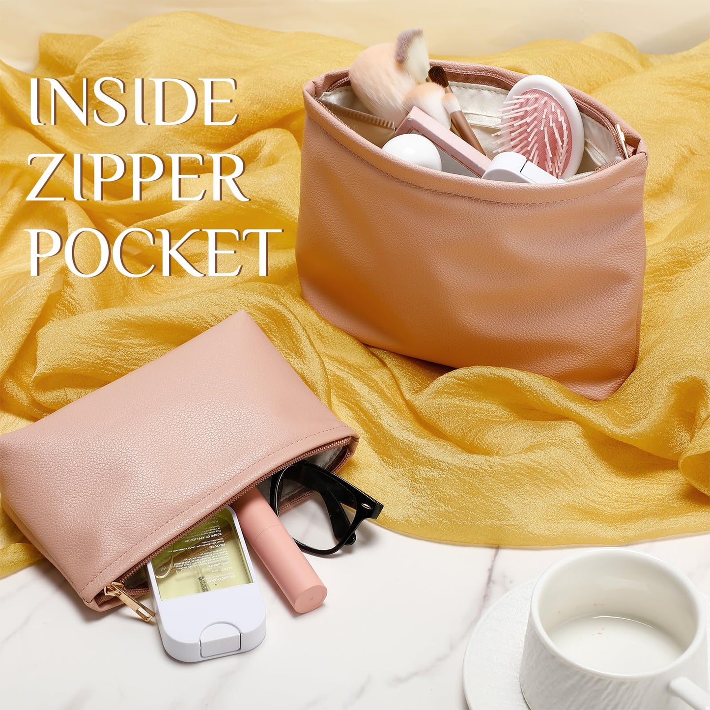 Kigeli 2 Pcs Small Makeup Bag Set for Purse PU Leather Cosmetic Bag Makeup Travel Toiletry Pouch Aesthetic Preppy Organizer Storage Pouch Gift for Teacher Mother Day Women(Pink)