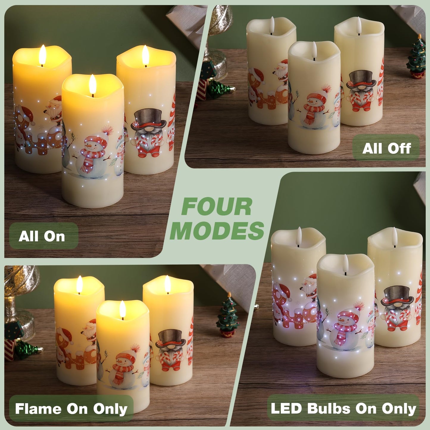 Eywamage Christmas Fiber Optic Flameless Pillar Candles with Remote, Santa Snowman Gnomes LED Battery Candles Holiday Winter Decor Set of 3