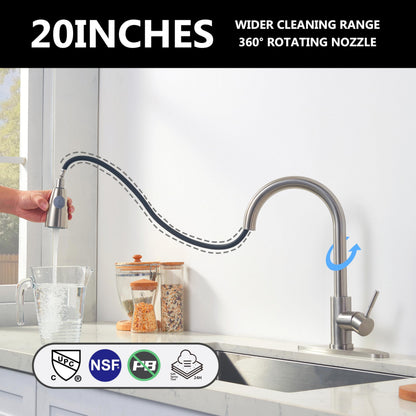 Comllen Kitchen Faucet with Pull Down Sprayer, Modern Brushed Nickel Faucets for Kitchen Sink, Stainless Steel Single Handle Pull Out Kitchen Sink Faucet with Deck Plate