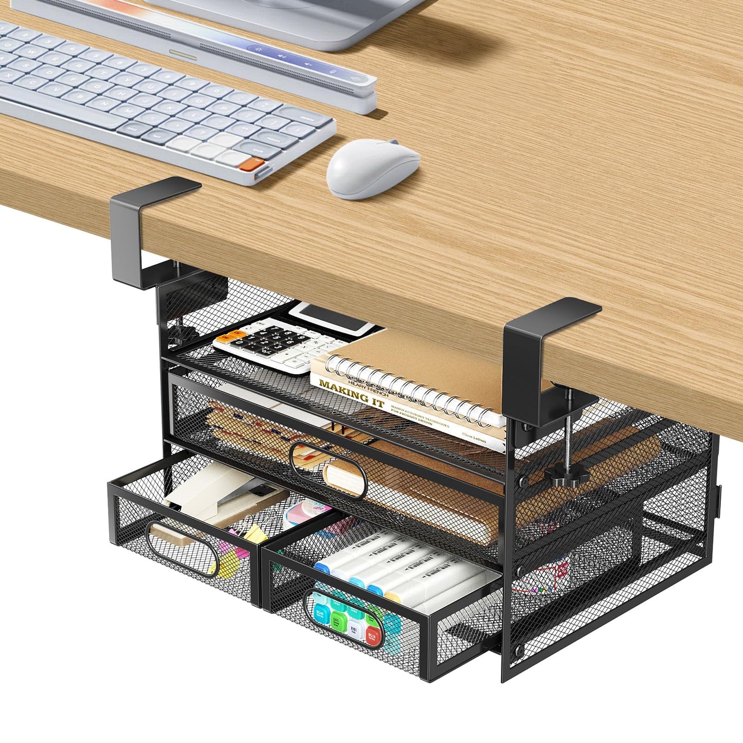 Under Desk Drawer Organizer 3 Layer, Large Under Desk Storage Side Drawers for Home & Office, Drill-Free Clamp-on Installation for Small Space, Spacious Storage for Office Supplies, Papers
