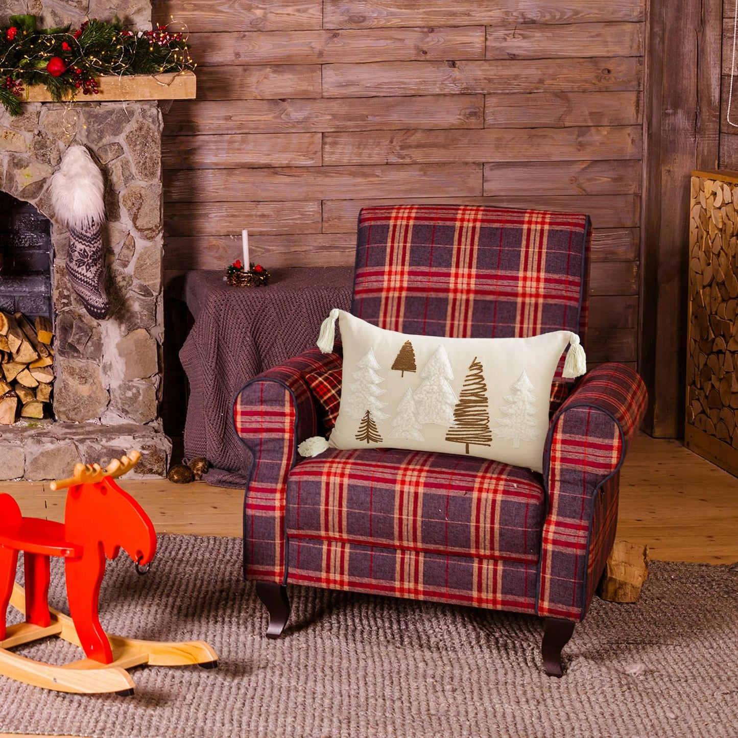 TAJWE Christmas Pillow Cover 12x20 Inch Soft Cute Pellet Embroidery Trees Decorative Pillowcase with Tassel Farmhouse Xmas Winter Holiday Lumbar Cushion Case for Sofa Couch Home Decor
