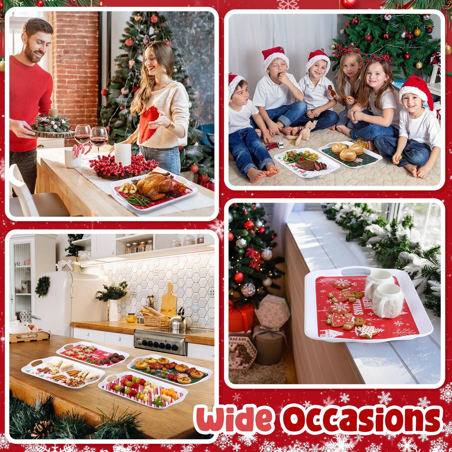 Bokon 4 Pcs Christmas Serving Trays with Handles 16"x 11" Large Christmas Platters Serving Dish Rectangular Xmas Tree Winter Holiday Food Tray for Snack Cookie Candy Dessert Plate Party(Classic Xmas)