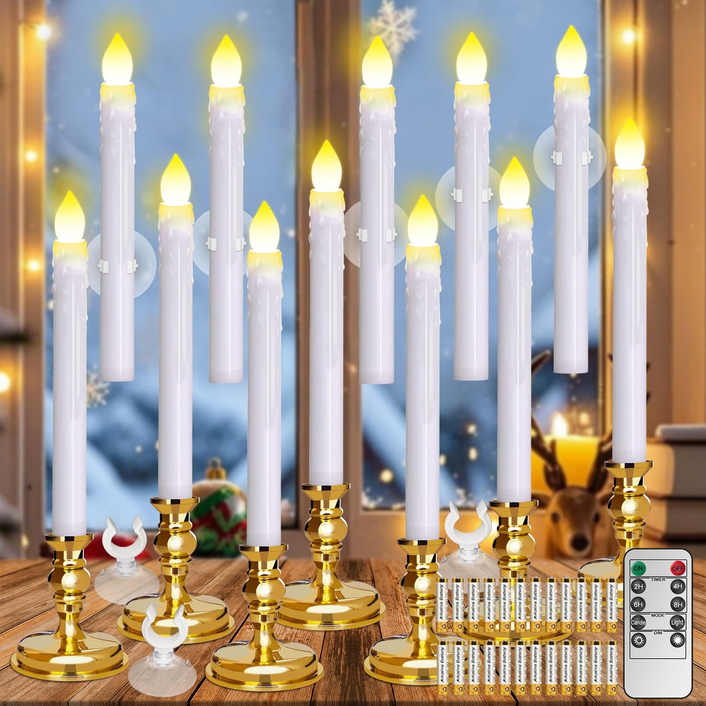 Kithouse 12 Pack Flameless LED Window Candles with Drip Texture,Removable Candle Holders,24 AAA Batteries,Daily Timer,ON/Off Remote,12 Window Suction Cups,Christmas Home Wedding Decor(Gold)