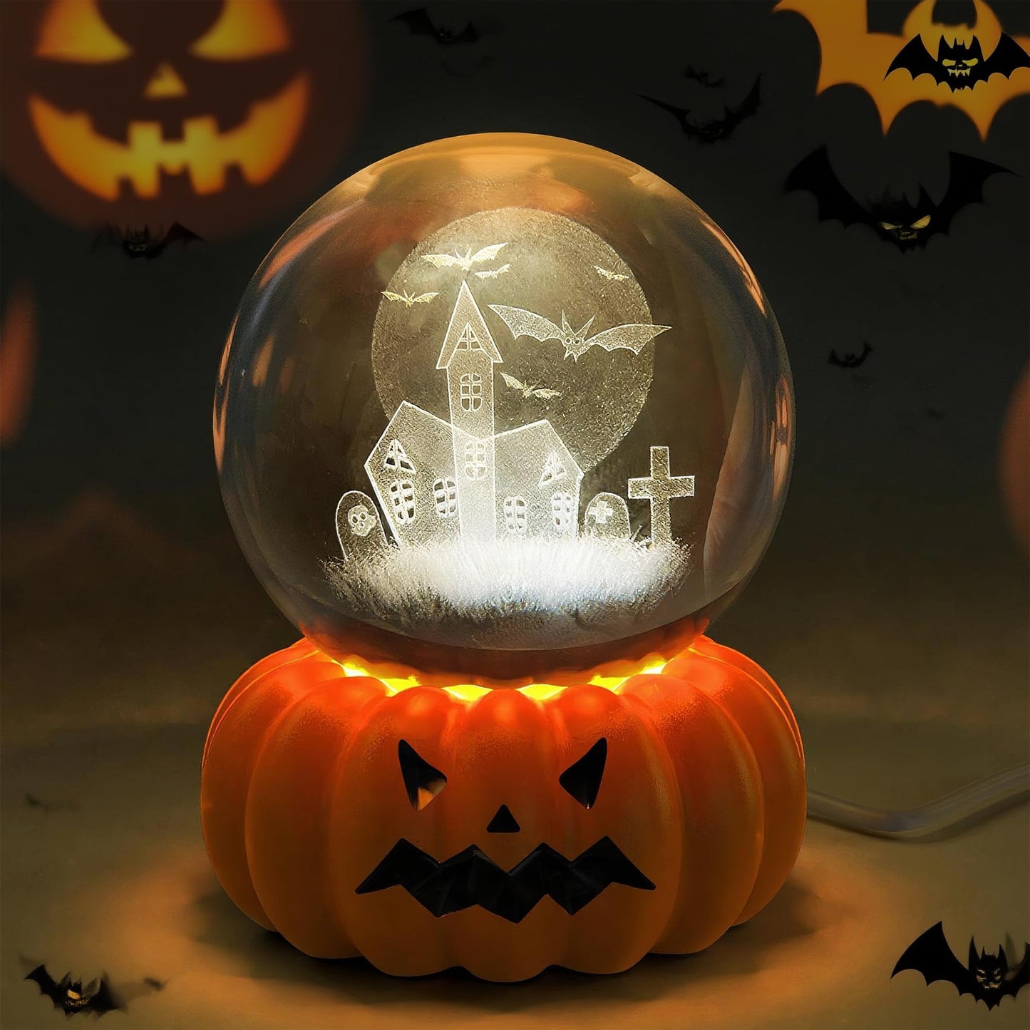L LOHAS LED 3D Crystal Ball Night Light-Laser Engraved Haunted House Bat with Pumpkin Base,Cute & Funny Halloween Night Light for Kids, 3000K Warm White for Halloween Party Decor