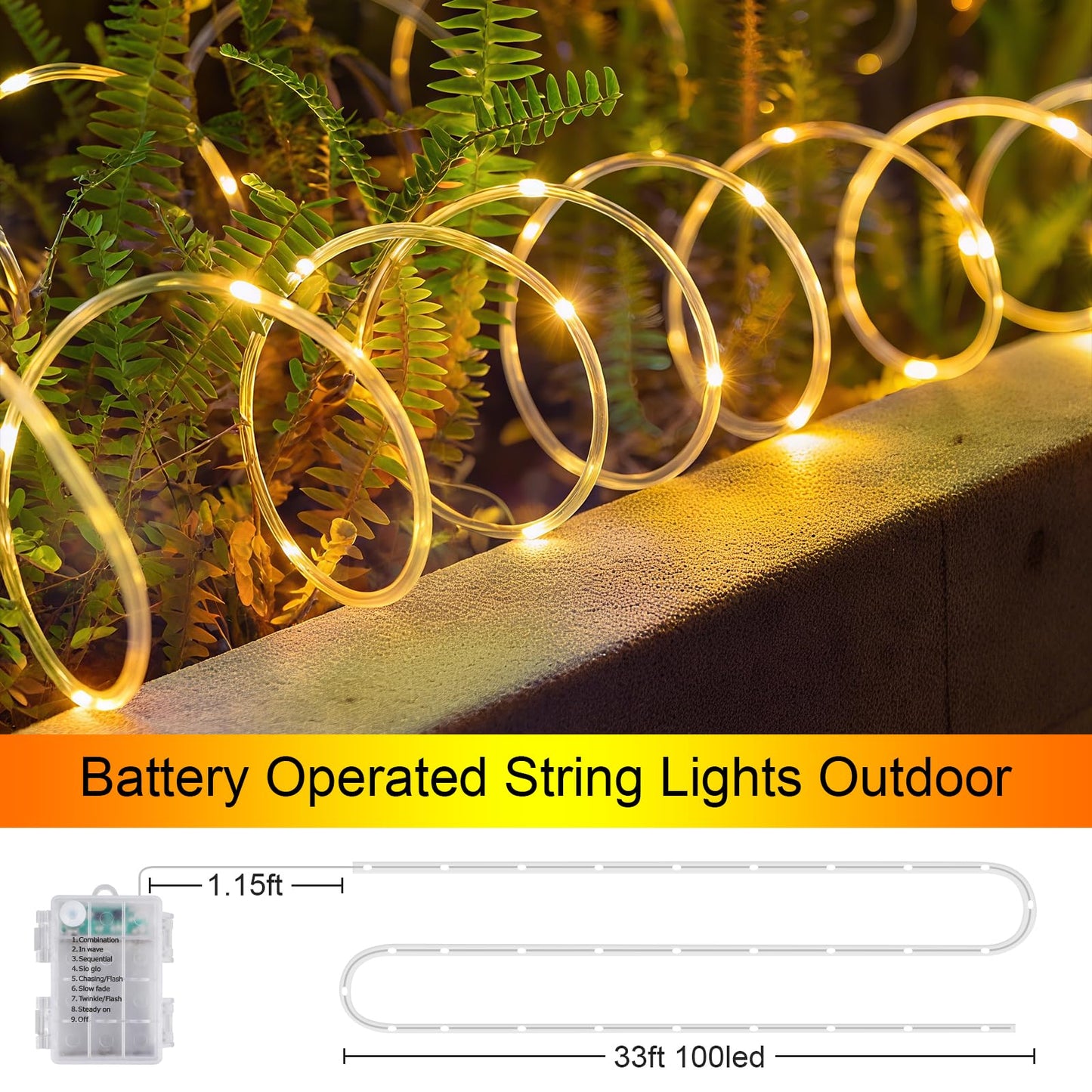 2 Pack Battery Powered String Lights Waterproof with Remote Total 66ft 200LED Timer 8 Modes Battery Operated Outdoor Lights for Christmas Decor Trampoline Camping Tents, Warm White
