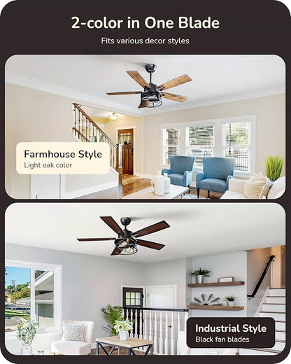 EDISHINE 42“ Farmhouse Ceiling Fans with Lights and Remote, 10%-100% Dimmable, 6 Speeds, Wood Blades, DC Reversible Motor, Timer, Noiseless, Small Rustic Ceiling Fan for Bedroom Living Room, UL Listed
