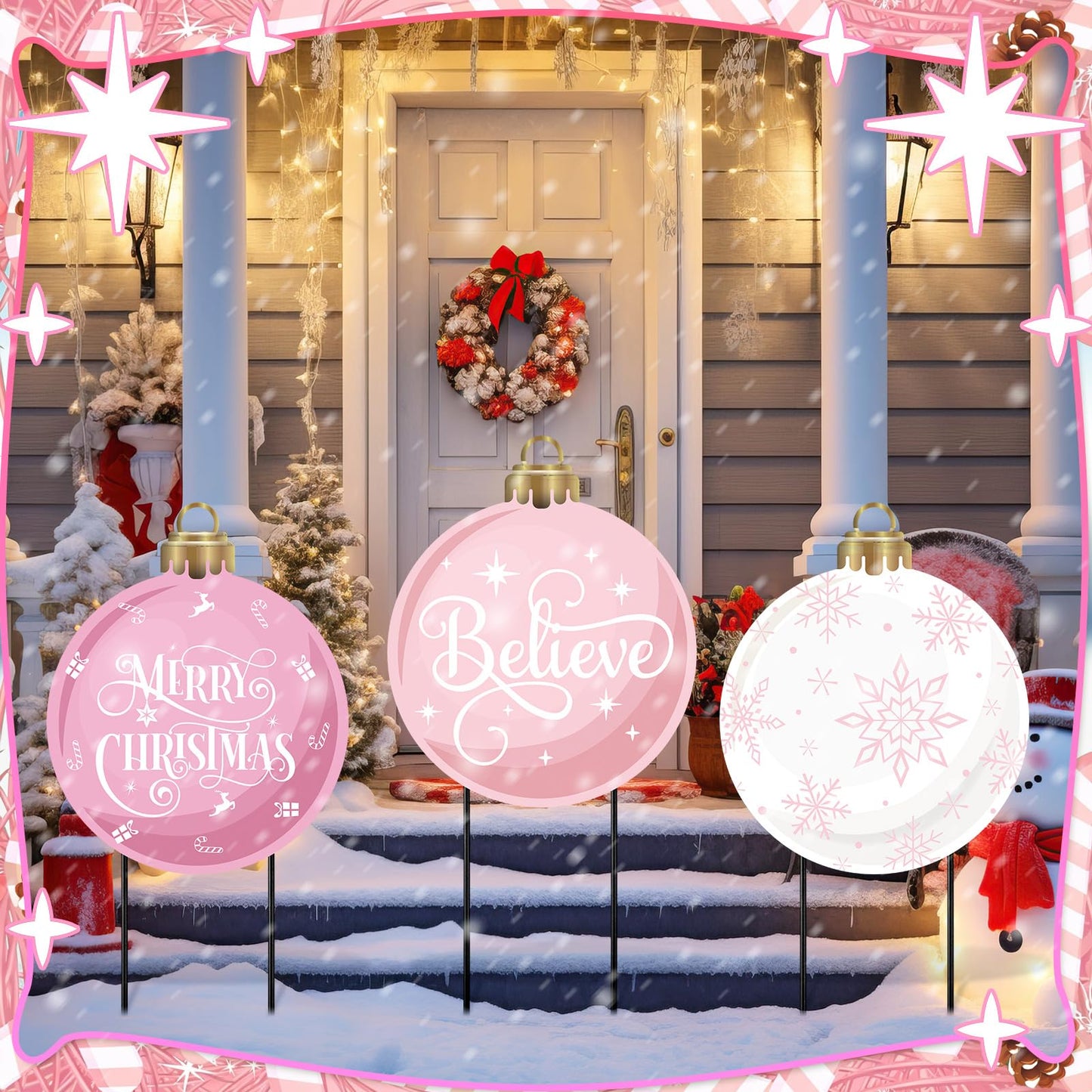 MorningRo 3 Pcs Pink Christmas Balls Yard Signs 20'' H Metal Outdoor Waterproof Xmas Yard Sign Stake with Snowflake Believe Merry Christmas Design for Porch Patio Lawn Garden Pathway Holiday Decor