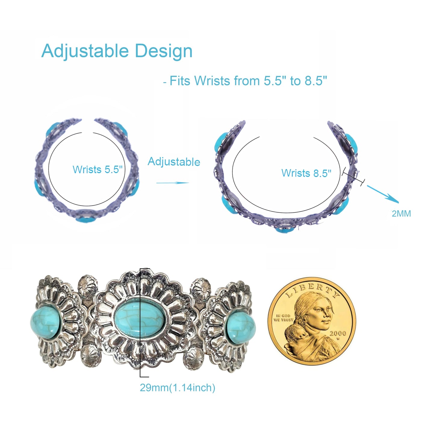 BUBGDYFO Boho Western Statement: Turquoise Cuff Bracelet for Women - Ideal for Music Festivals, Adjustable Cowgirl Country Concerts & Daily Wear Gift