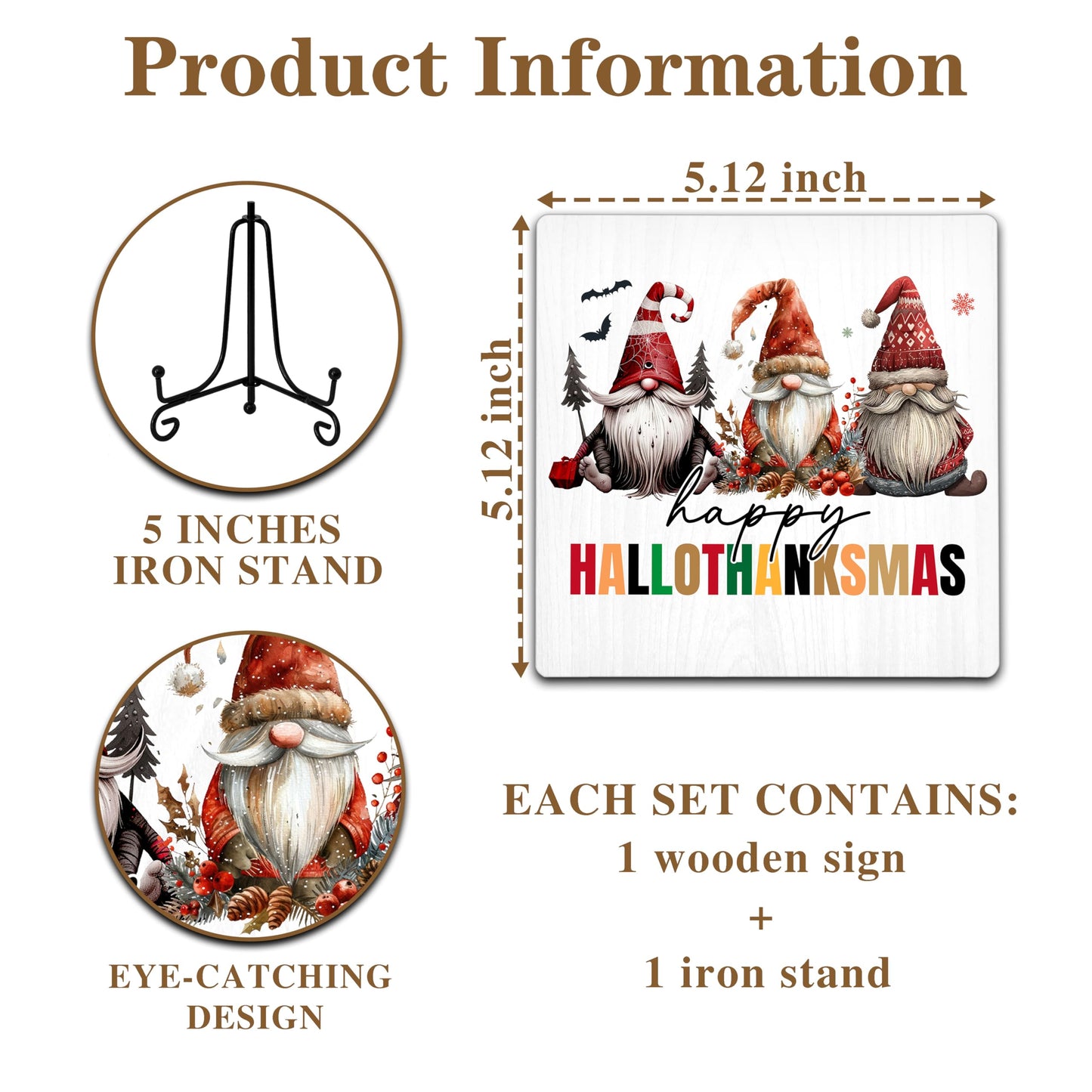 Cazhes Cute Christmas Gnomes Wooden Decor, Hallothanksmas Christmas Decorations for Home Bedroom, 5x5 Inches Xmas Decor with Iron Stand, Birthday New Year Gifts-G13