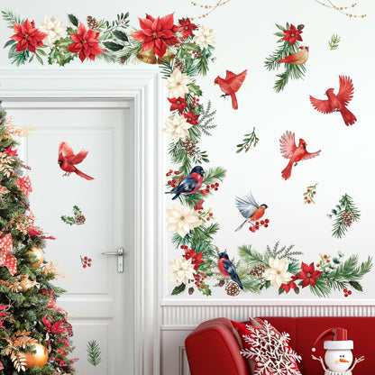 wondever Christmas Flower Cardinal Wall Stickers Christmas Leaves and Floral Red Bird Christmas Window Wall Art Decals for Party Window Xmas Home Party