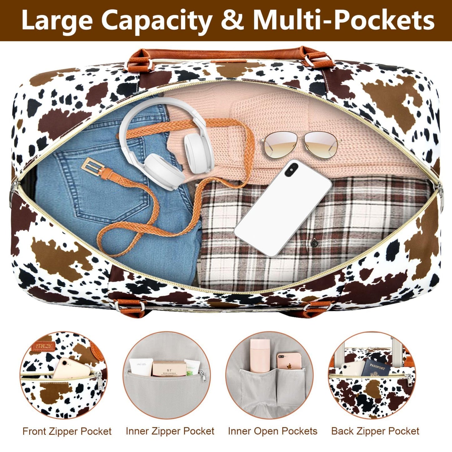 Weekender Bag for Women, Travel Duffel Bag Carry On Overnight Bag with Shoe Compartment Large Nylon Travel Weekend Tote Bag, 5-Brown Cow