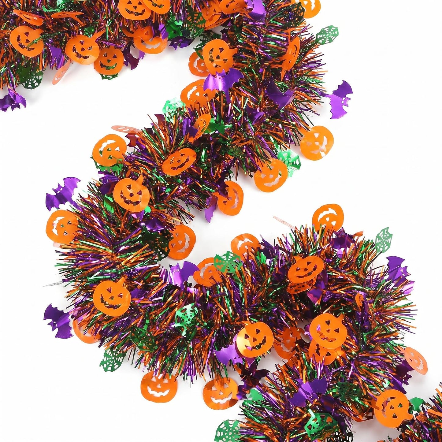 50 Ft Halloween Tinsel Garlands,Funny Pumpkin Bats Spider and Web Shiny Metallic Twist Foil Tinsel Garland Hanging Holiday Decorations for Home Indoor Outdoor Festivities Party Decor