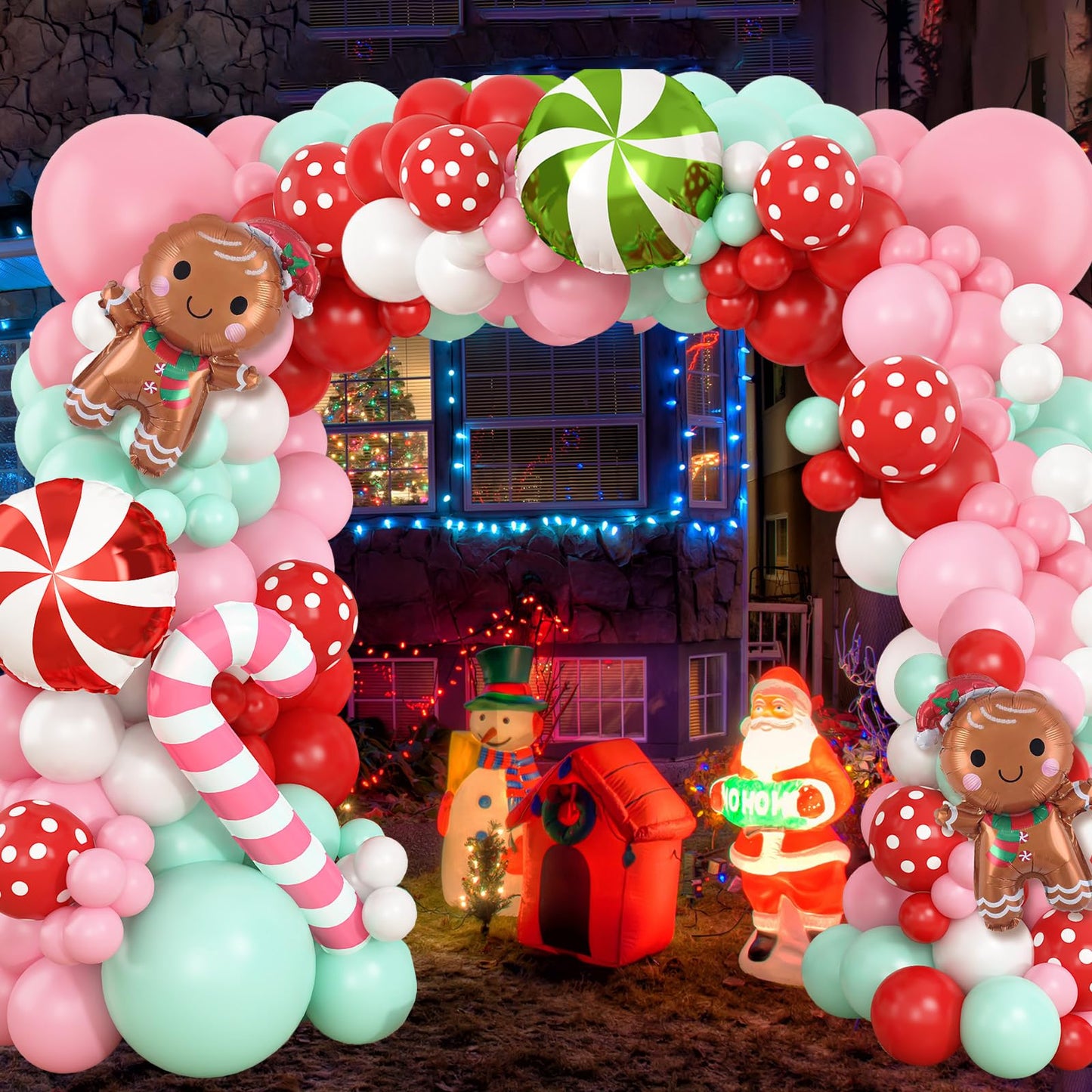 Gingerbread Balloon Garland Kit 139Pcs Pink Red Green White Christmas Balloons Arch with Gingerbread Man Candy Cane Foil Balloon New Year Xmas Cookie Exchange Gingerbread House Party Decorations