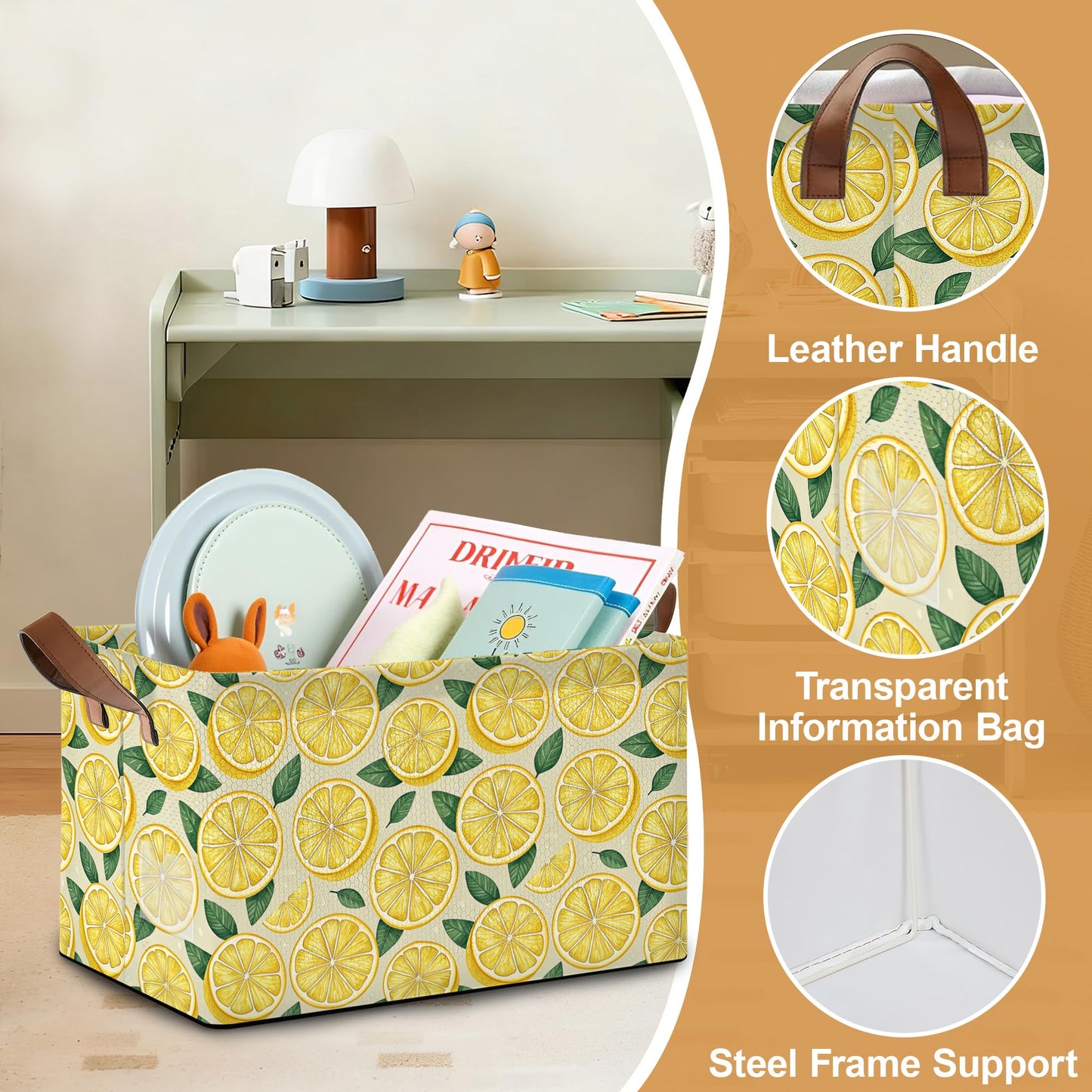 Oeaskly Lemon Fabric Storage Bins with Handles, Oxford Storage Basket for Closet Organization, Foldable Shelf Organizer for Bedroom, Nursery, Laundry, Office