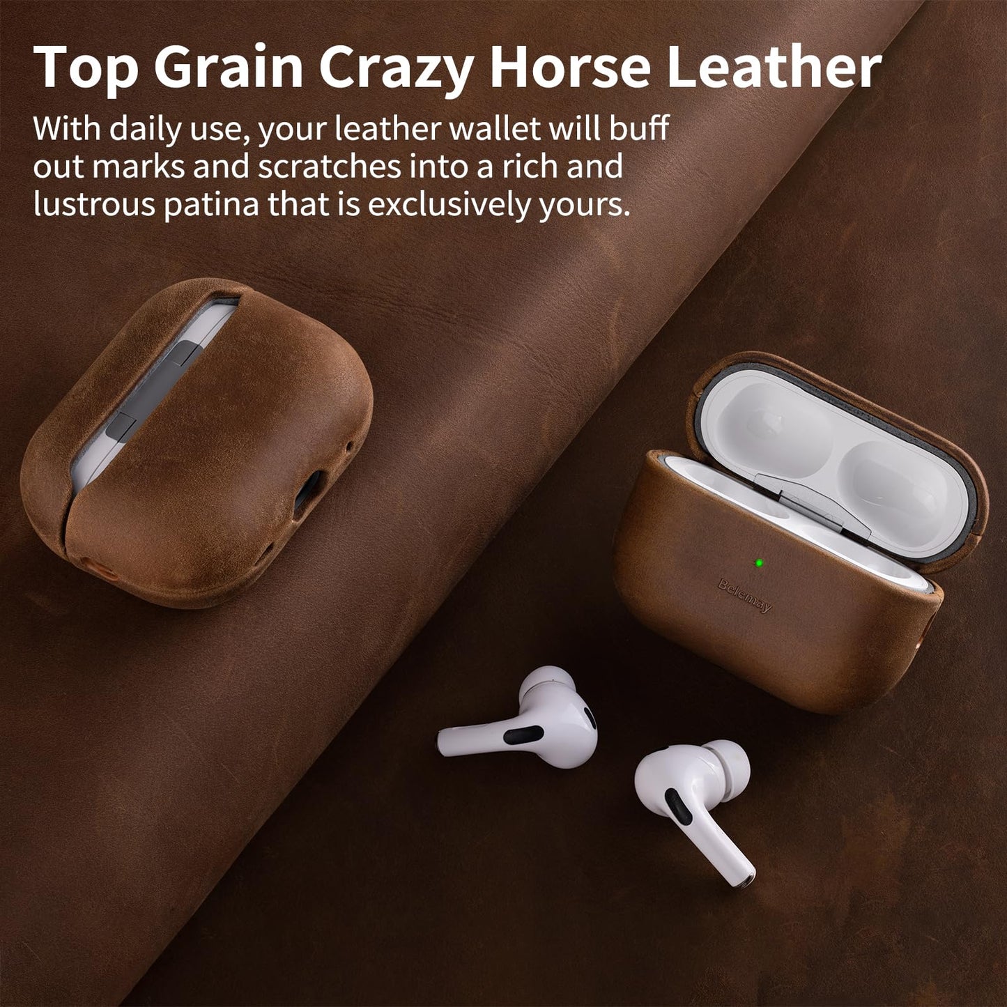 Belemay Handcrafted Crazy Horse Leather Case for AirPods Pro 3rd Gen (2025), Vintage Aesthetic, Two-Tone Effect, Unique Patina, Compatible with MagSafe, Compatible with Airpods Pro 3, Vintage Brown