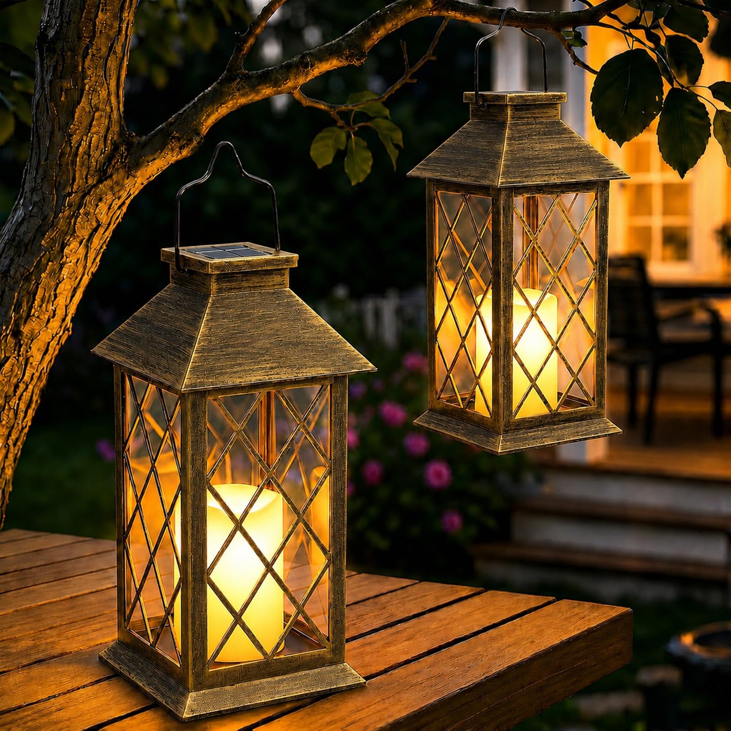 Yowin Solar Lanterns Outdoor Waterproof, 2 Pack Hanging Solar Lanterns with Flickering Candle, Tempered Glass Solar Lamp Outdoor for Garden Wall Table Patio Yard Fence, Housewarming Gift - Bronze