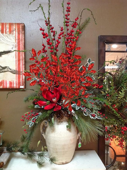 DILATATA 6Pcs Christmas Glitter Leaves Holly Leaves 23" Artificial Red Holly Leaf Picks Sprays Giltter Stems for Christmas Tree DIY Xmas Wreath Garland Home Decor - Red